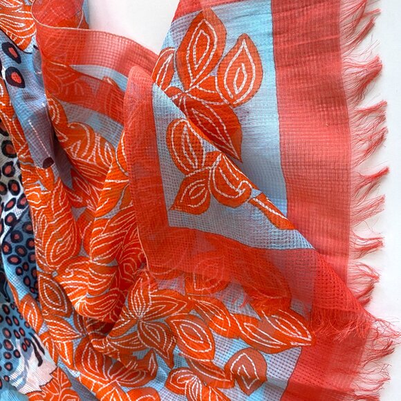 Inouitoosh Cotton and Silk Wing Cheetah Orange Blue Scarf 78"x38" - Picture 8 of 8